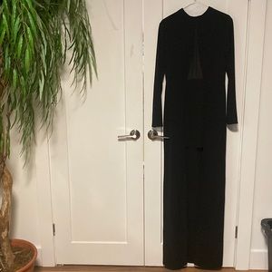 Beautiful halston heritage black dress, short in front long back mesh chest slit